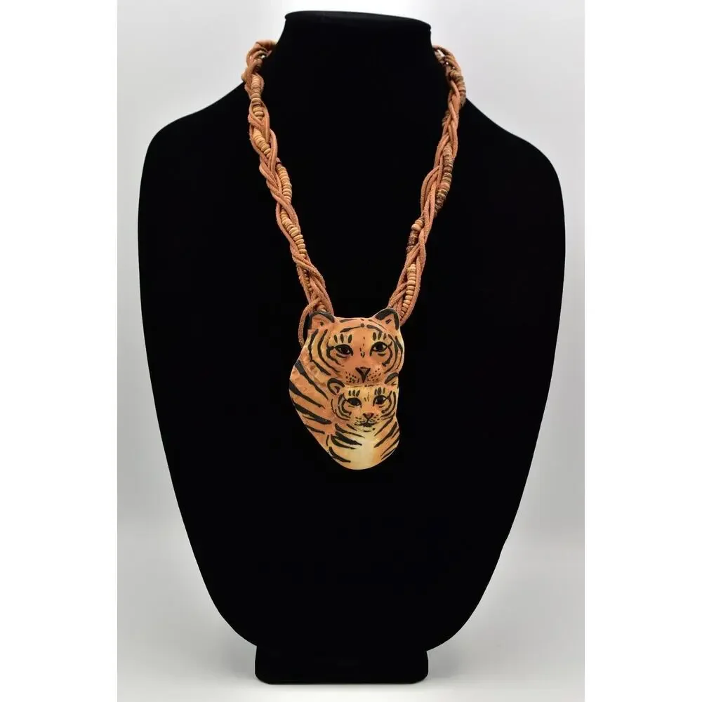 Carol Halmy Vintage Ceramic Beaded Necklace Hand Made Tiger Cub Signed Bin4A